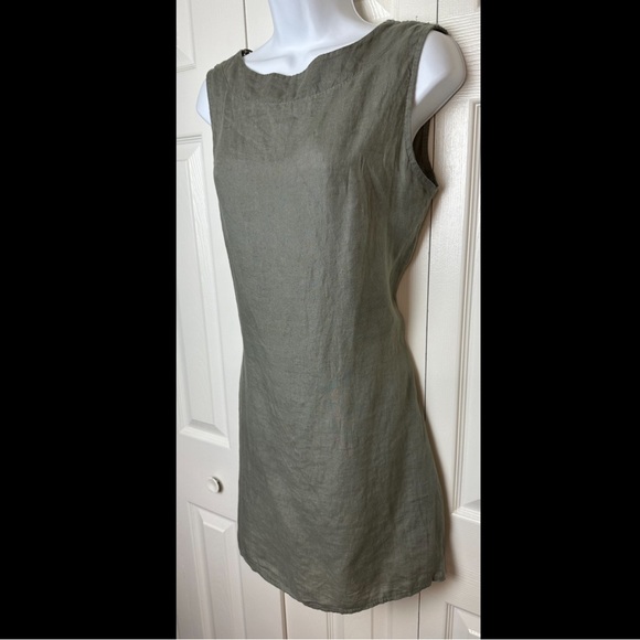 BELLAMBRA 100% Linen Dress Olive Green Made in Italy Crochet Back Sheath Shift - Picture 3 of 10